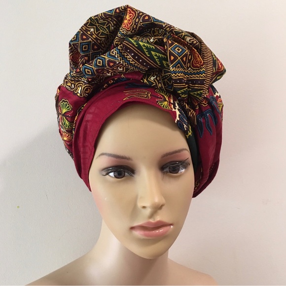 African Print Ankara Red Dashiki Handmade Headwrap - Picture 7 of 9